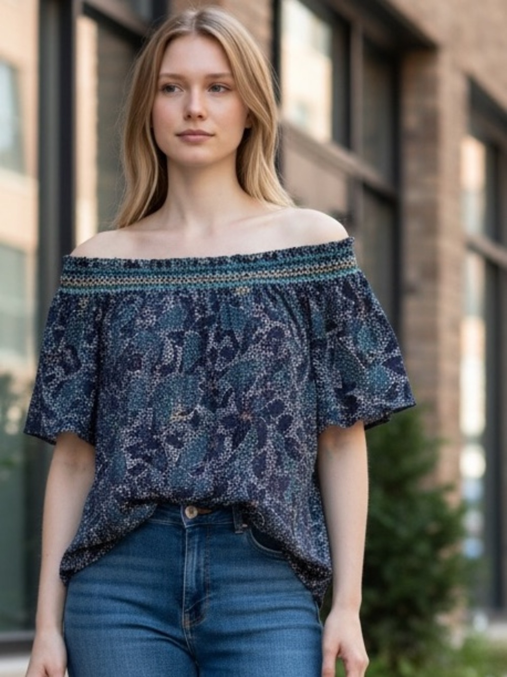 Maurices Navy Printed Smocked-Neck Tunic